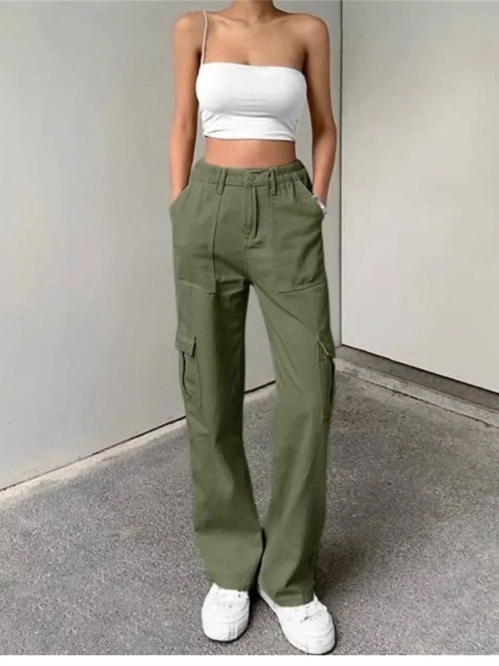 Wide Leg Cargo Pants in Olive Green Elastic Waistband